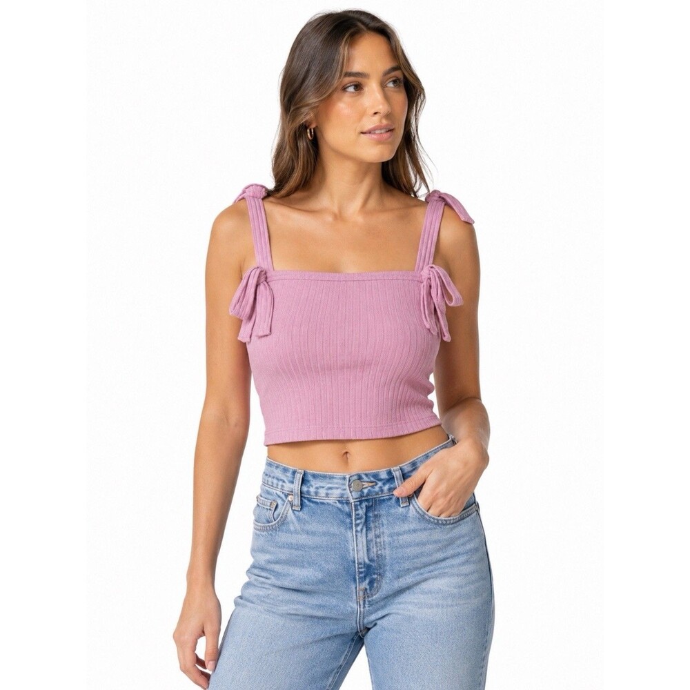 anthropologie Ribbed Mauve Pink Tie Shoulder Crop Top As S Y2K Coquette